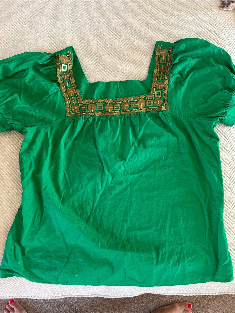 Banana Republic Green Square-Neck Top with Gold Embroidery